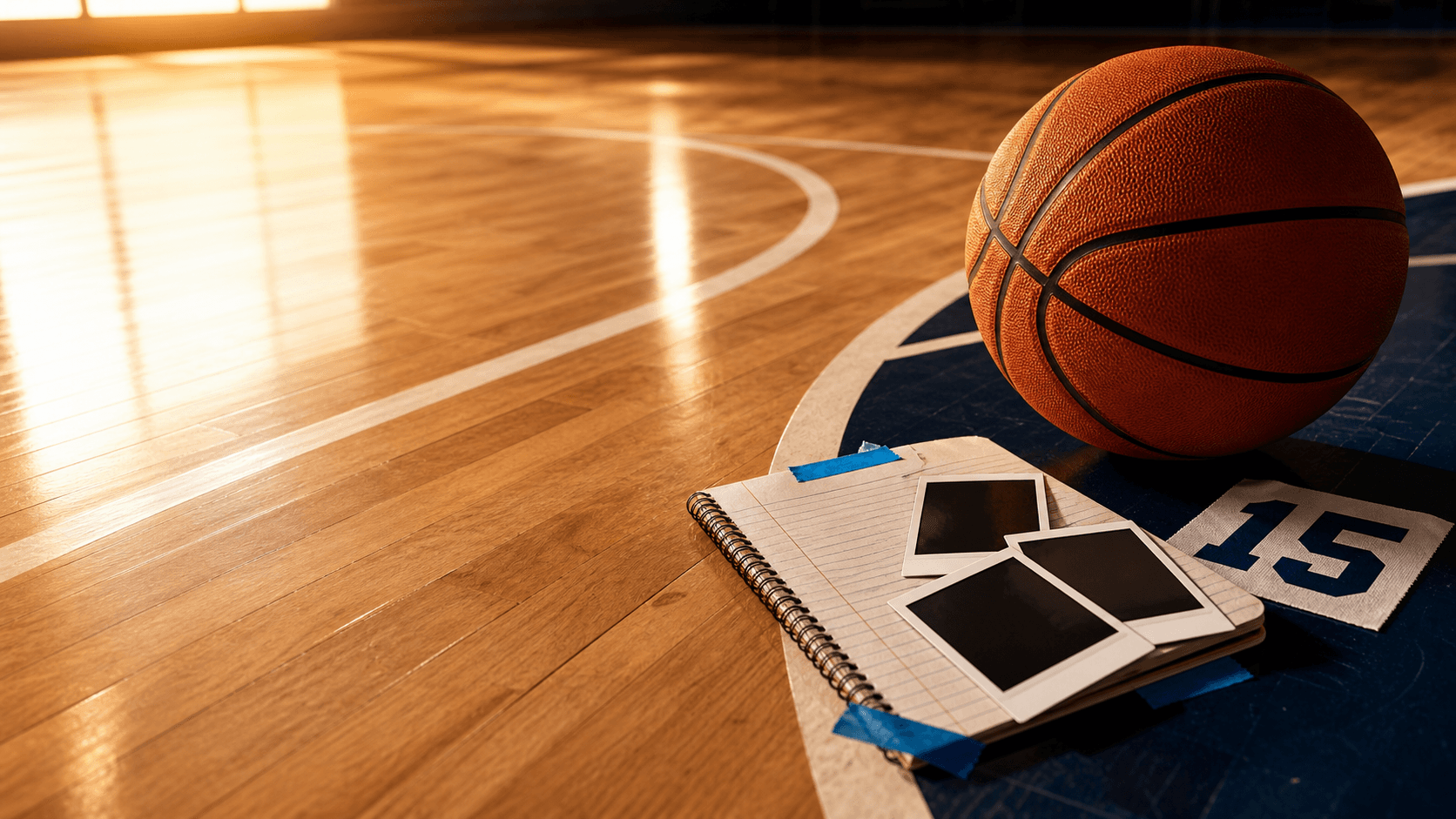 Basketball, court lines, notebook, and photo frames